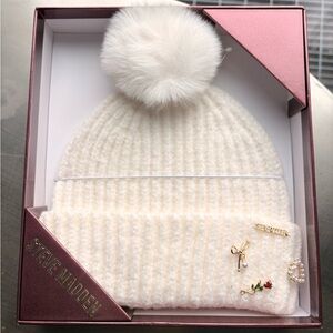 Steve Madden Cream Beanie with Pom-Pom and Charms